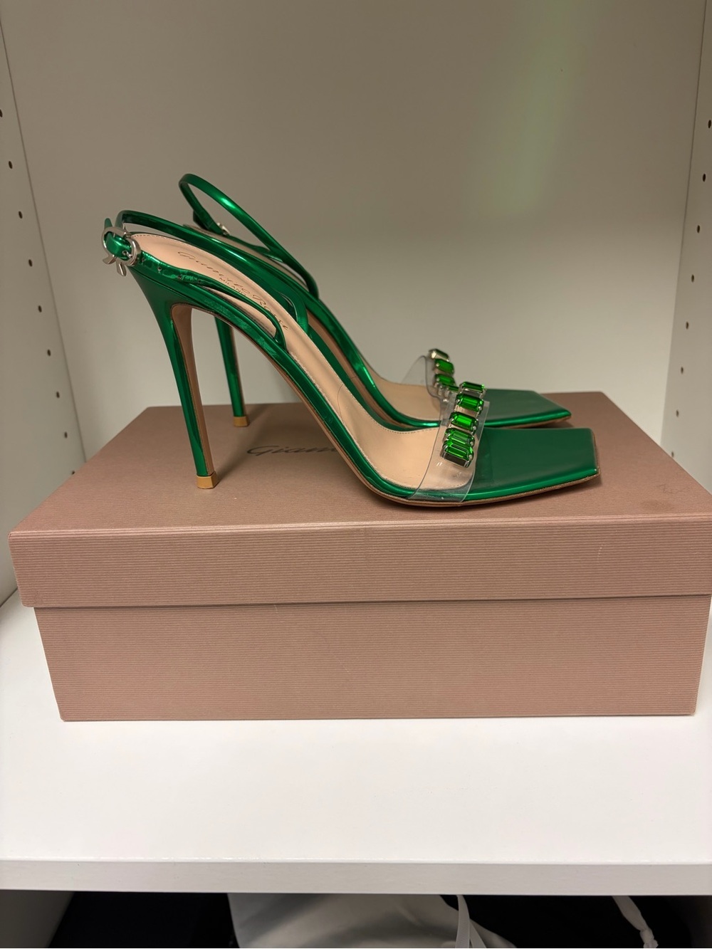 Gianvito Rossi Metallic Green Slingback Heels with Green Crystal Accents - Picture 5 of 8